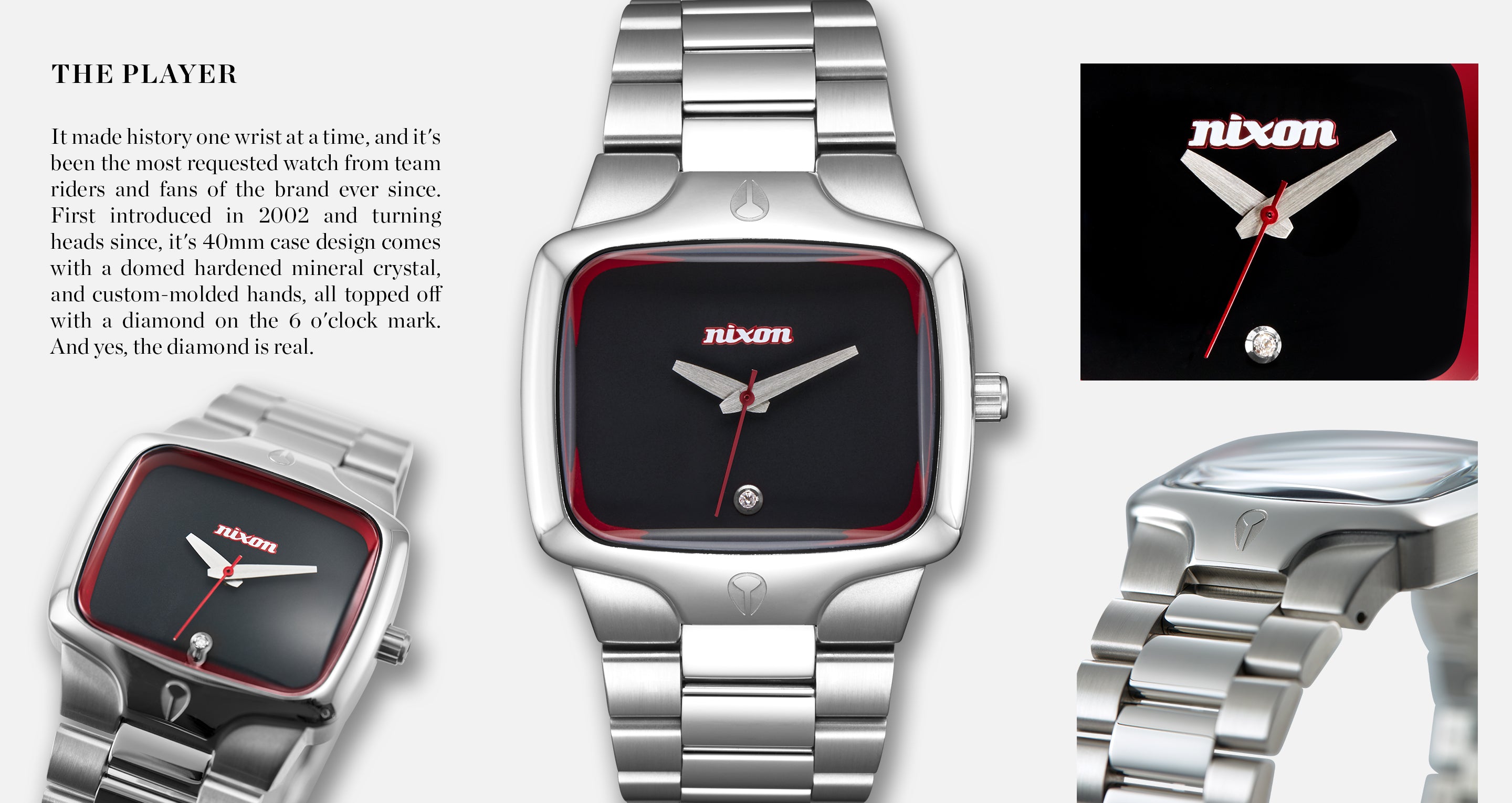 Nixon "The Player" watch with stainless steel band, black face, red trim, and diamond at 6 o'clock.