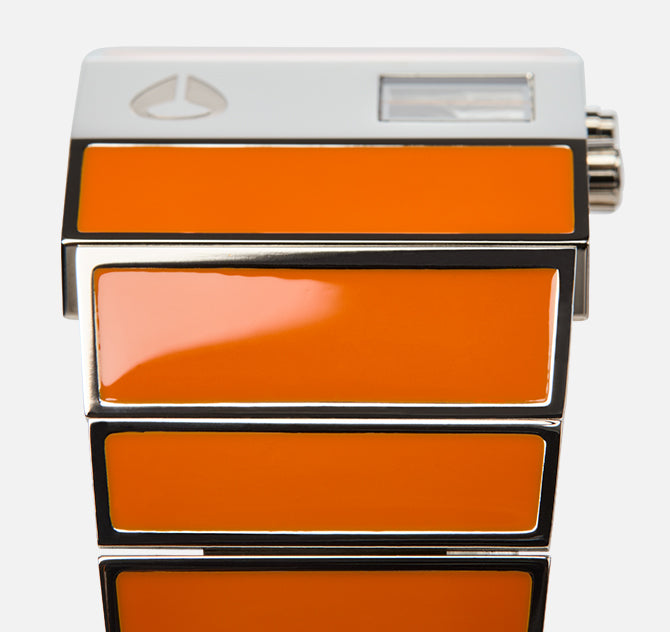 Orange and silver digital watch with a segmented band.